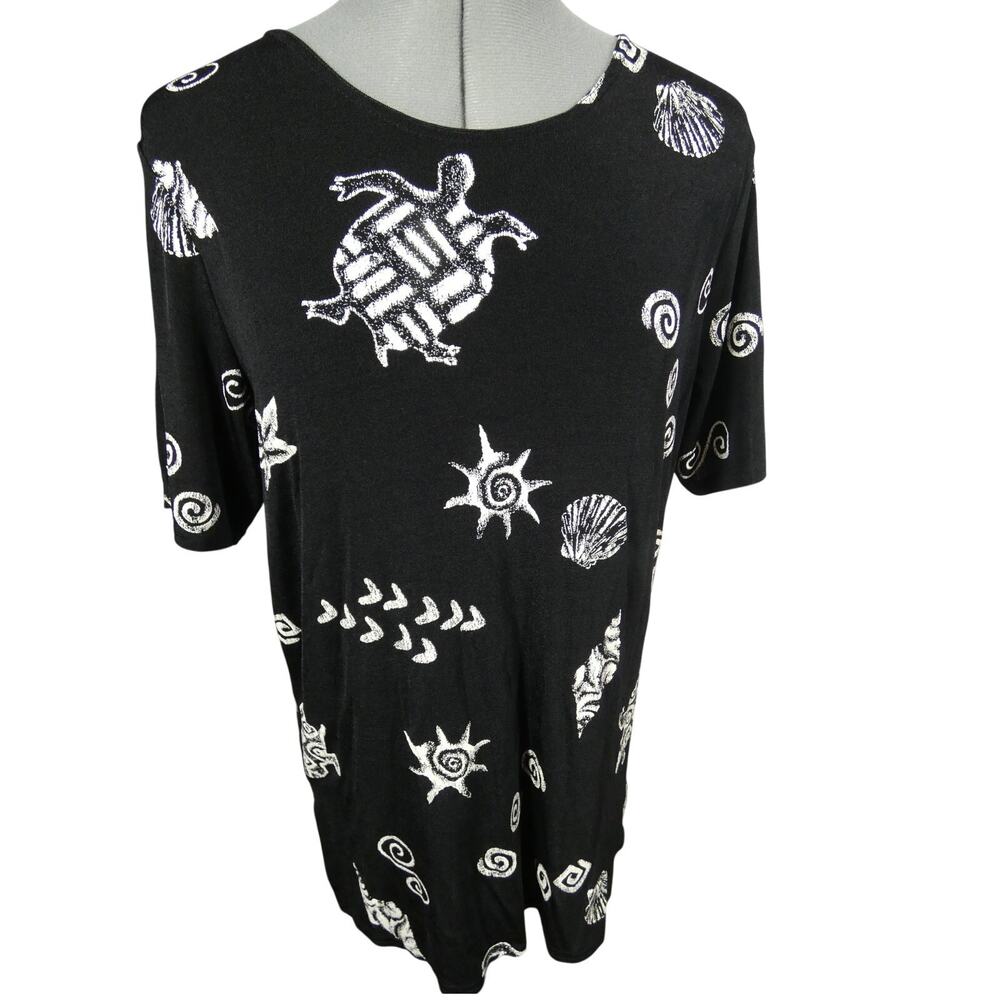 ESSE Petite Made In USA Black White Beachy Stretchy Casual Shirt Side Slits